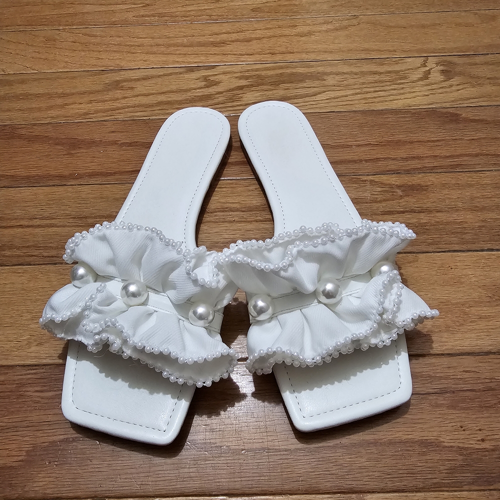 White Ruffled Slide Sandals with Pearls